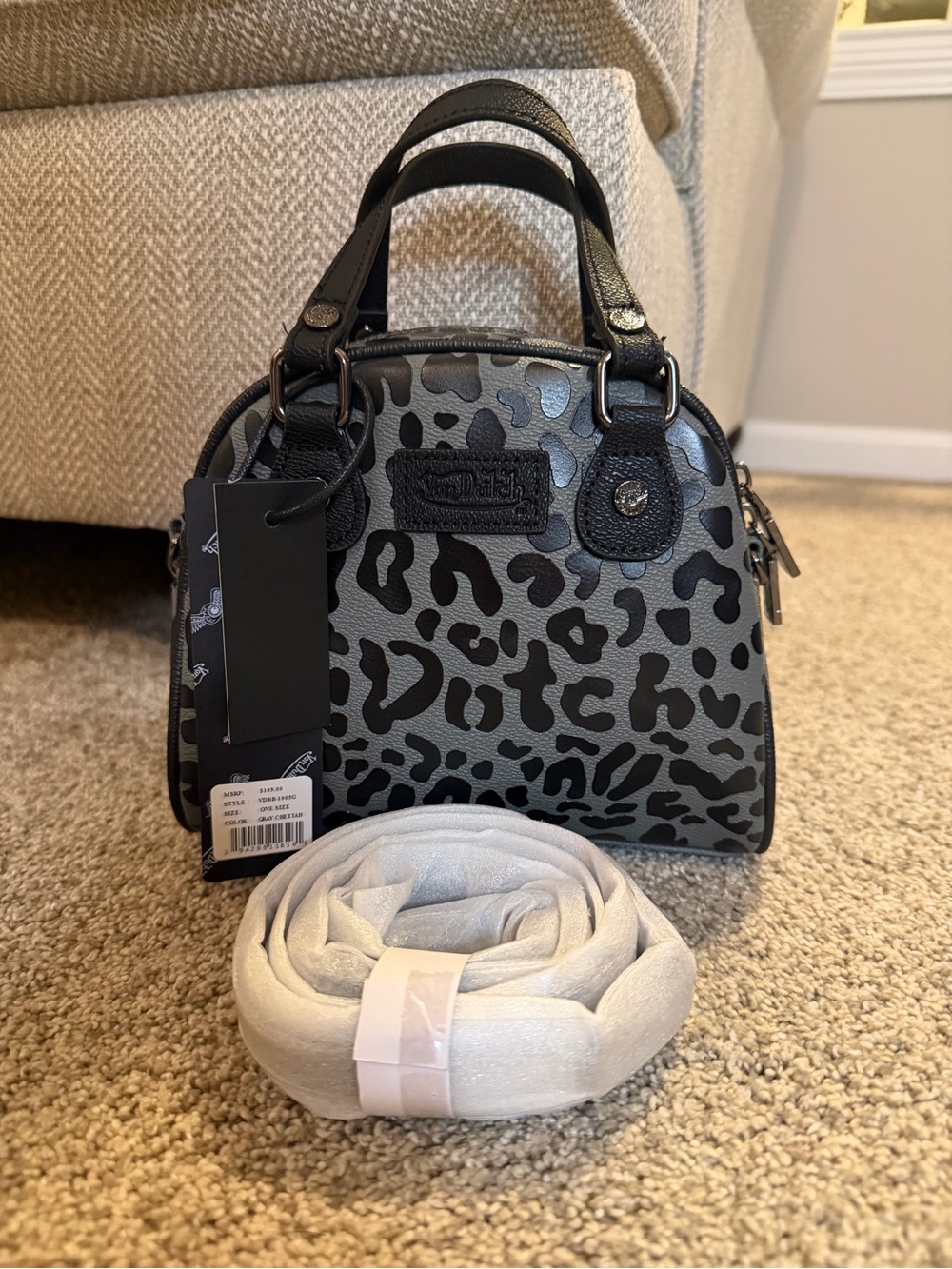 NWT Von Dutch Gray Cheetah Mini Bowling Bag Crossbody VDBB-1005G Y2K
